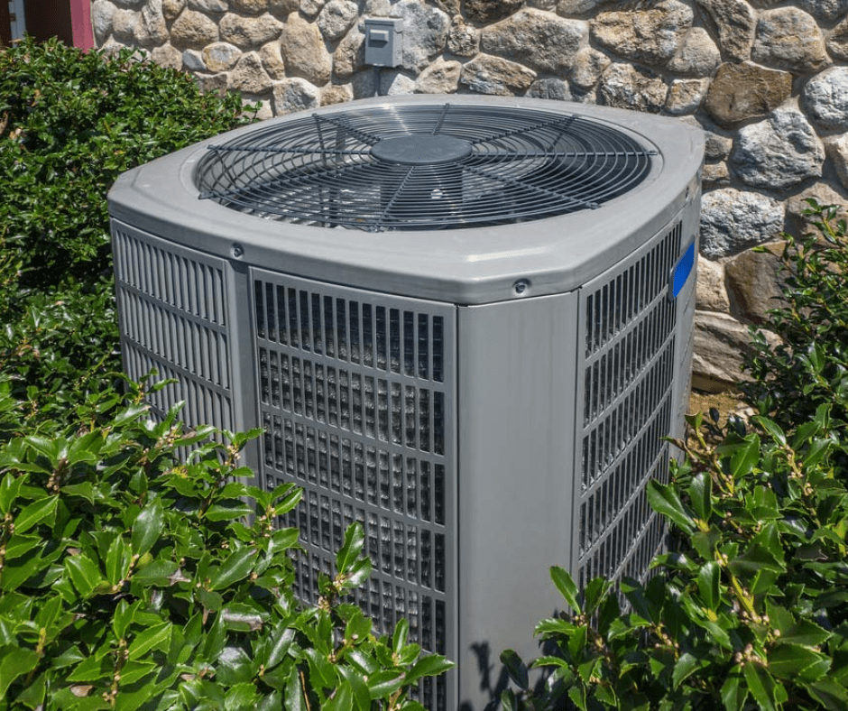 HVAC unit covered in weeds