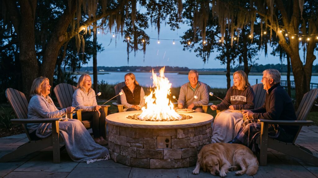 A Family in Wilmington, NC Sitting Around a Gas-Powered Outdoor Fire Pit.
